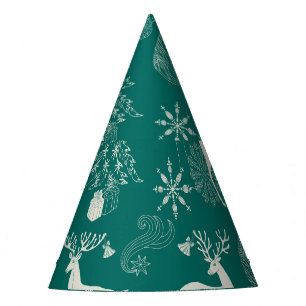 Feestelijke rode kerst, winterbos. feesthoedjes