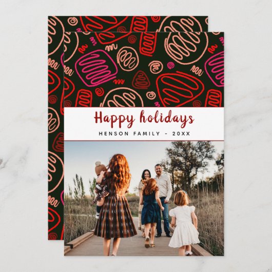 Feestelijke rode one line art Kerstfamiliefoto Feestdagenkaart (Voorkant / Achterkant)
