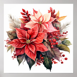 Feestelijke Rode Poinsettia Kerstbloemen Poster