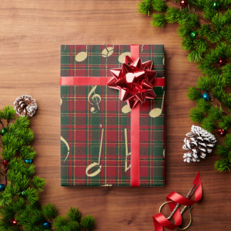 Feestelijke rode ruit en gouden muzieknoten Kerstm Cadeaupapier