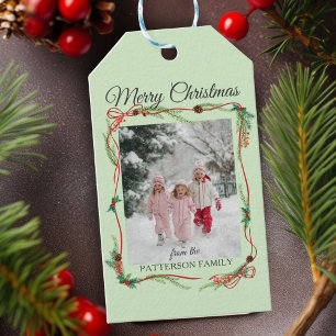 Feestelijke Rode Strik Rand -1 Foto Saliegroen Cadeaulabel