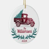 Feestelijke Rode Vrachtwagen Kerstboom Monogram Keramisch Ornament (Rechts)
