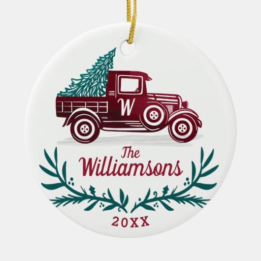 Feestelijke Rode Vrachtwagen Kerstboom Monogram Keramisch Ornament (Voorkant)