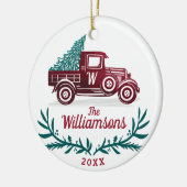 Feestelijke Rode Vrachtwagen Kerstboom Monogram Keramisch Ornament (Links)