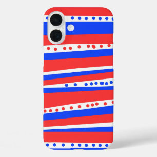 Feestelijke rode witte blauwe cirkels strepen iPhone 16 plus hoesje