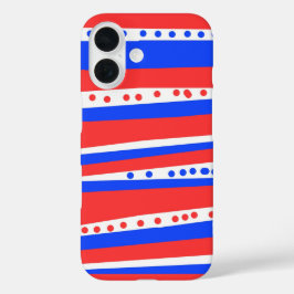 Feestelijke rode witte blauwe cirkels strepen iPhone 16 hoesje