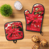 Feestelijke rode witte bloemen poinsettias kerst ovenwant & pannenlap set (Top down)