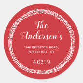 Feestelijke Rood & Wit Aangepast Retouradres Ronde Sticker (Voorkant)