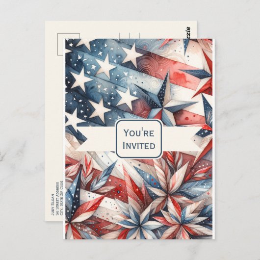 Feestelijke Rood Wit en Blauw Party Uitnodiging (Voorkant / Achterkant)