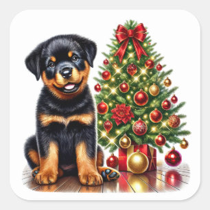 Feestelijke Rottweiler Puppy van een kerstboom Vierkante Sticker