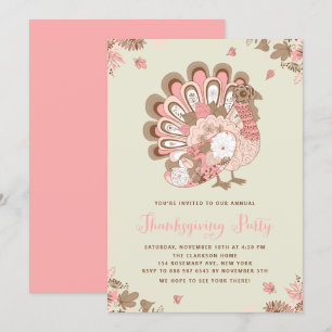 Feestelijke Roze Bloemen Turkije Thanksgiving Part Kaart