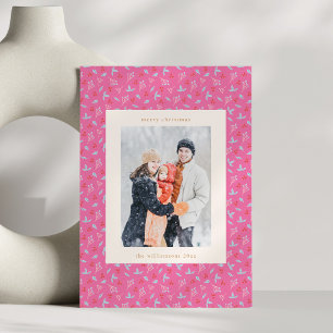 Feestelijke Roze Cute Botanische Kerst Foto Feestdagenkaart