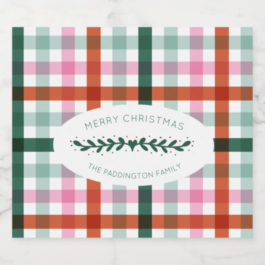Feestelijke Roze en Groene Gingham Kerstmis Sparkling Wijnetiket (Enkel label)