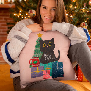 Feestelijke Roze Knuffelkat Koffie Prettig Kerstfe Kussen