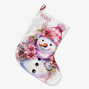 Feestelijke roze sneeuw vrouw voeg naam toe grote kerstsok