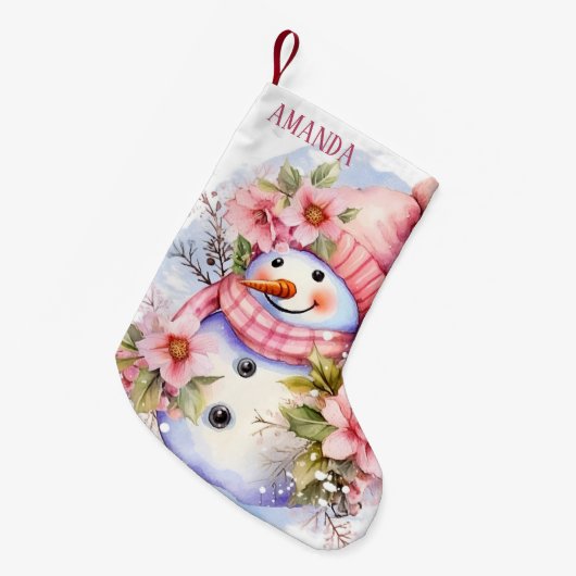 Feestelijke roze sneeuw vrouw voeg naam toe kleine kerstsok (Voorkant (Hangend))