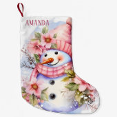 Feestelijke roze sneeuw vrouw voeg naam toe kleine kerstsok (Voorkant)