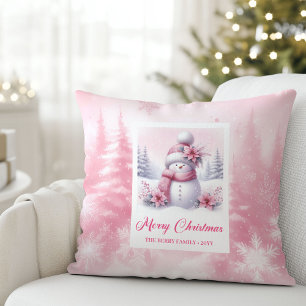 Feestelijke Roze Sneeuwman Winter Bos Kinderen Kus Kussen