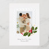 Feestelijke Scallop Lijst met Holly One Photo Folie Feestdagenkaart (Voorkant)
