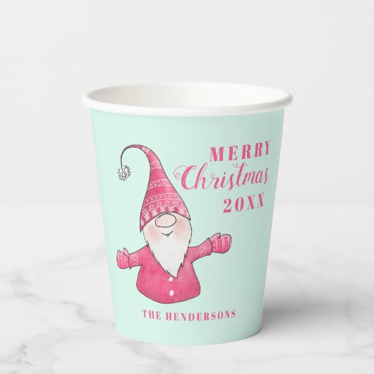 Feestelijke Schattigee Gnome Pink en Mint Green Ch Papieren Bekers (Achterkant)