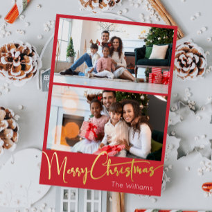 Feestelijke Script Rode 2 foto Prettig Kerstfeest  Folie Feestdagen Briefkaart