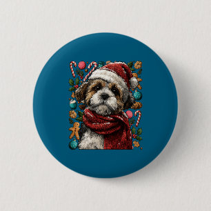 Feestelijke Shih Tzu Met Kerstman Hoed Besneeuwde Ronde Button 5,7 Cm