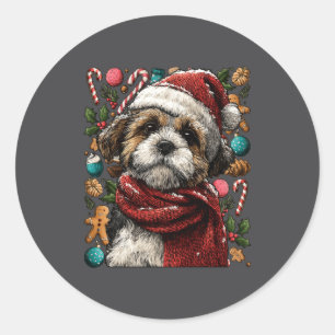 Feestelijke Shih Tzu Met Kerstman Hoed Besneeuwde Ronde Sticker