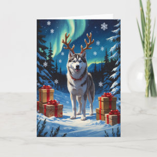 Feestelijke Siberische Husky met Cadeaus Olie Schi Kaart