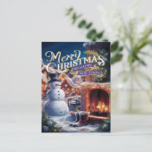 Feestelijke Sneeuwman bij open haard Briefkaart (Staand voorkant)