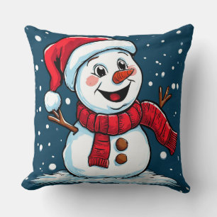 Feestelijke Sneeuwman Cartoon met Kerstman Hoed Kussen