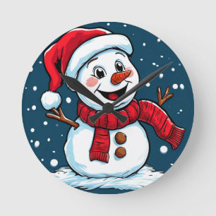 Feestelijke Sneeuwman Cartoon met Kerstman Hoed Ronde Klok