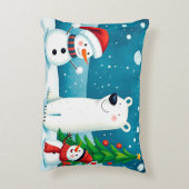 Feestelijke sneeuwman en Polar Beer vieren winter Accent Kussen (Achterkant (Verticaal))