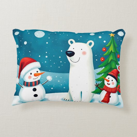 Feestelijke sneeuwman en Polar Beer vieren winter Accent Kussen (Achterkant)