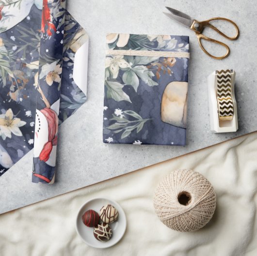 Feestelijke  Sneeuwman & Kerstbloemen Cadeaupapier (Crafts)
