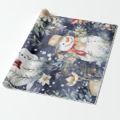 Feestelijke  Sneeuwman & Kerstbloemen Cadeaupapier (Uitgerold)