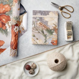 Feestelijke  Sneeuwman & Kerstbloemen Cadeaupapier