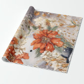 Feestelijke Sneeuwman & Kerstbloemen Cadeaupapier (Uitgerold)