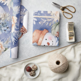Feestelijke  Sneeuwman & Kerstbloemen Cadeaupapier
