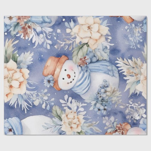 Feestelijke  Sneeuwman & Kerstbloemen Cadeaupapier (Vlak)