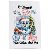 Feestelijke sneeuwman & Santa Sack Cheer Medium Cadeauzakje (Voorkant)