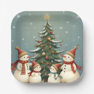 Feestelijke Snowman Familie Kerst Collectie Papieren Bordje