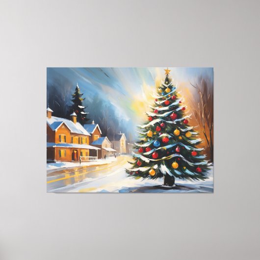 Feestelijke Snowy Cabin met kerstboom Canvas Afdruk (Voorkant)