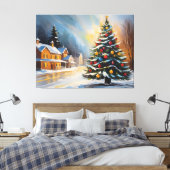 Feestelijke Snowy Cabin met kerstboom Canvas Afdruk (Insitu (Slaapkamer))
