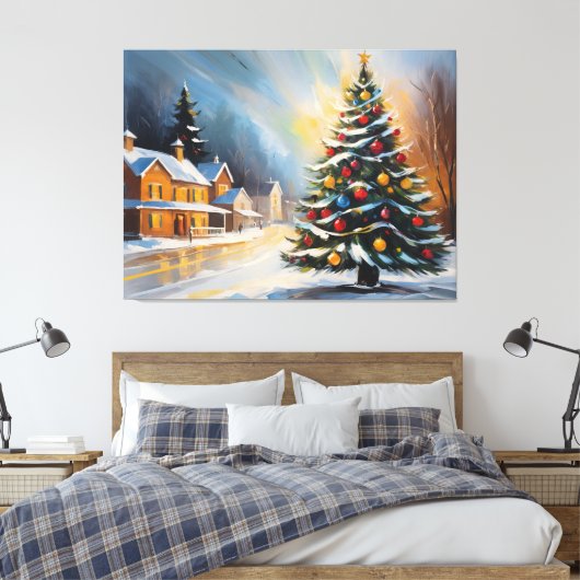 Feestelijke Snowy Cabin met kerstboom Canvas Afdruk (Insitu (Slaapkamer))