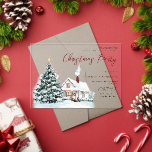 Feestelijke Snowy House & Tree kerstfeest Acryl Uitnodigingen
