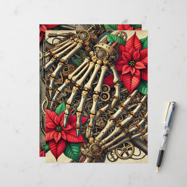 Feestelijke Steampunk Hand Botten met Poinsettia (Voorkant / Achterkant in situ)