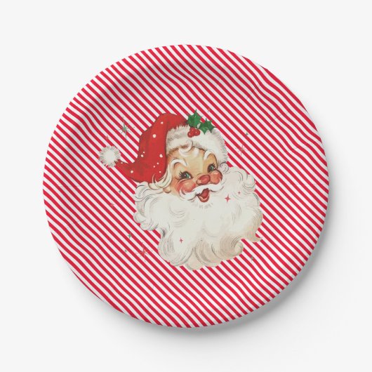 Feestelijke Streep Rood Retro Santa Papieren Bordje (Voorkant)