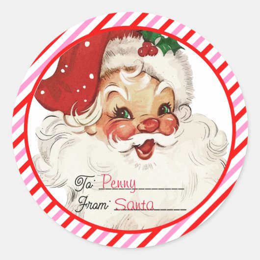 Feestelijke Streep Rood Roze Van Santa Gift Ronde Sticker (Voorkant)