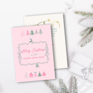 Feestelijke Strik & Chique Bomen Doodle Roze Kerst Feestdagenkaart