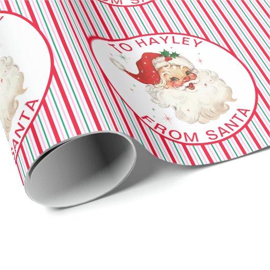 Feestelijke Stripe Aangepaste naam van Santa Gift Cadeaupapier (Rol Hoek)
